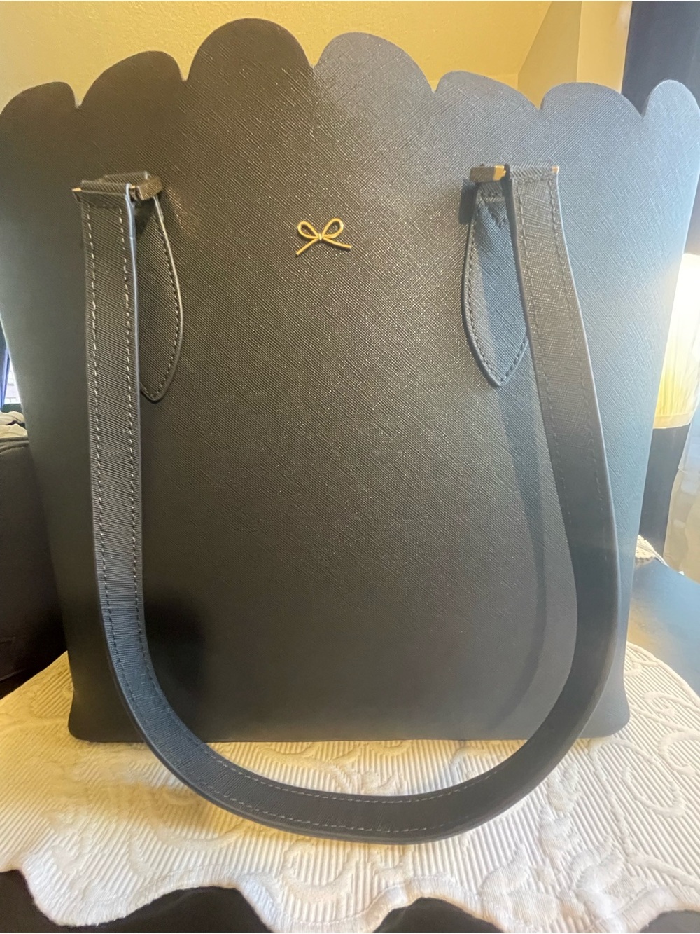 Navy Scalloped Tote Bag with Gold Bow Accent